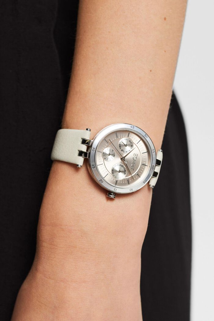 Zegarek wielofunkcyjny ze skórzaną bransoletą, BEIGE, overview