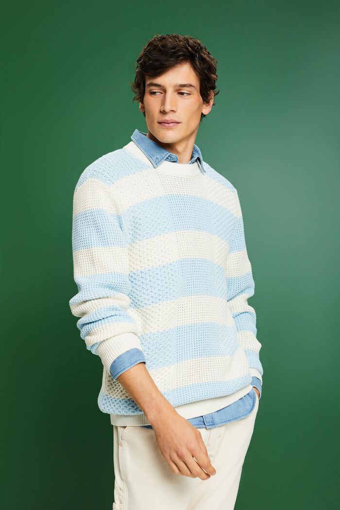 Pasiasty sweter z bawełnianej dzianiny w warkocze, PASTEL BLUE, detail image number 0