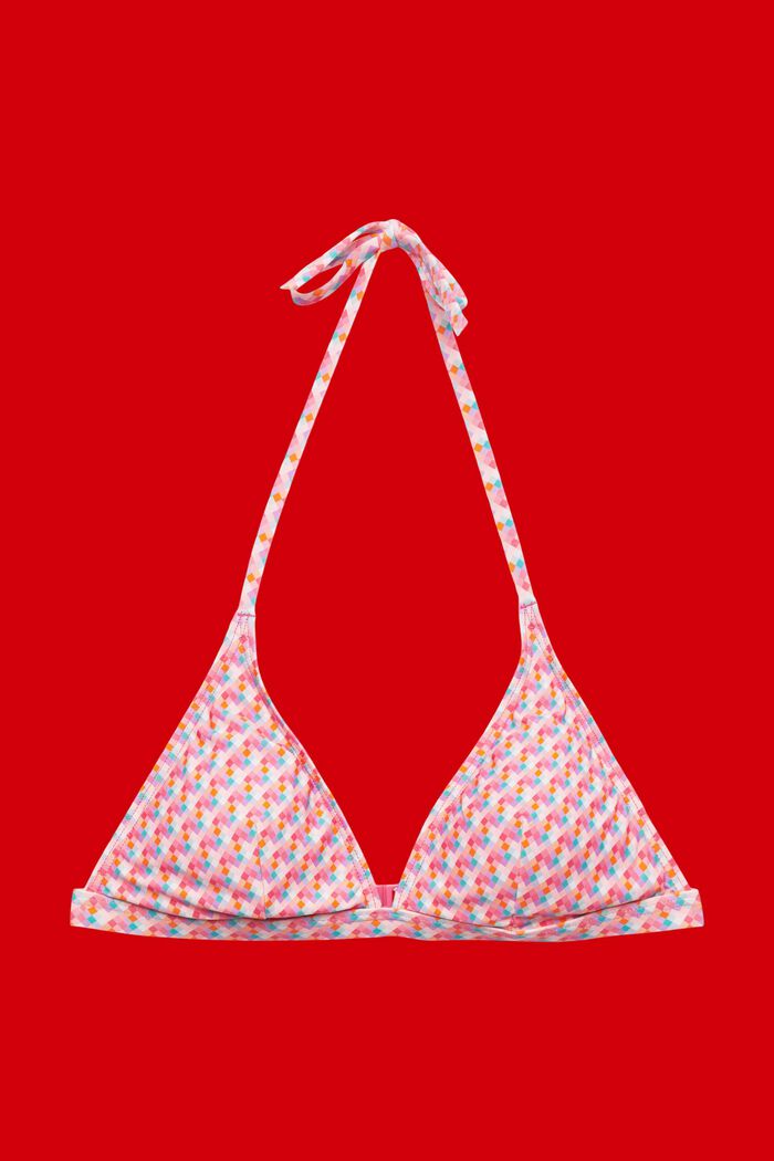 Wyściełana góra od bikini z geometrycznym nadrukiem oraz wiązaniem na szyi, PINK FUCHSIA, detail image number 3