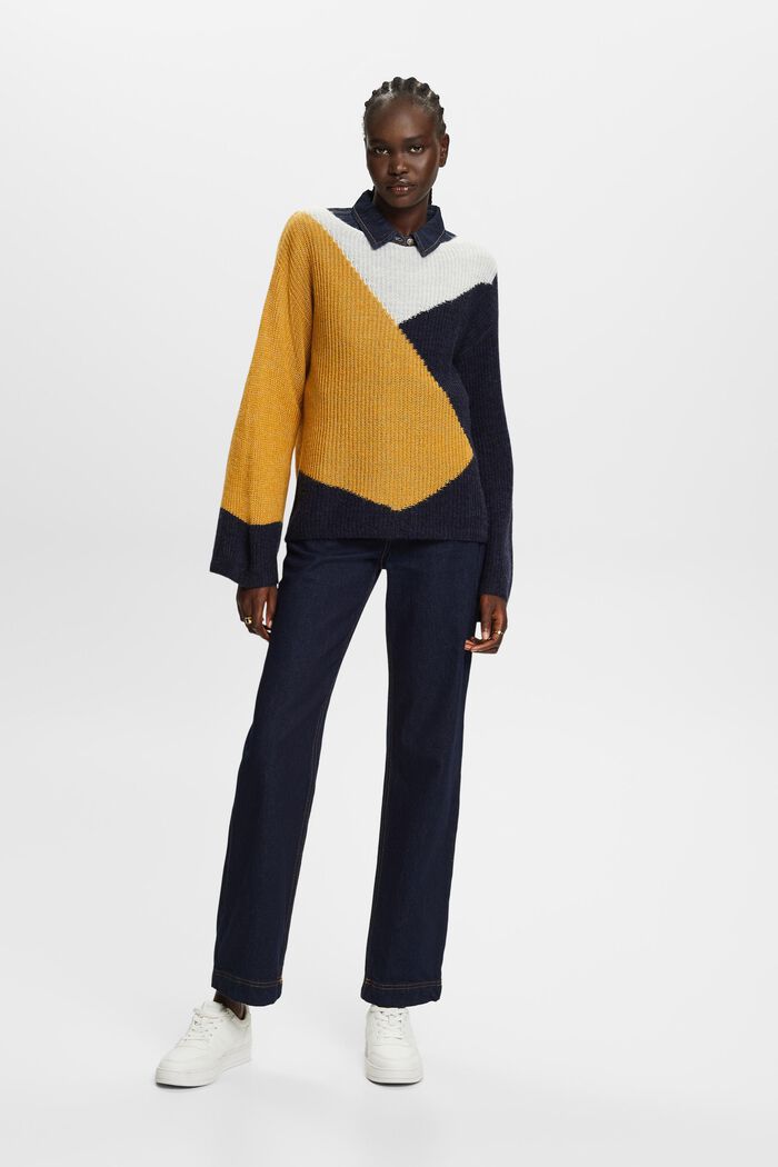 Sweter w bloki kolorów, mieszanka z wełną, BRASS YELLOW, detail image number 4