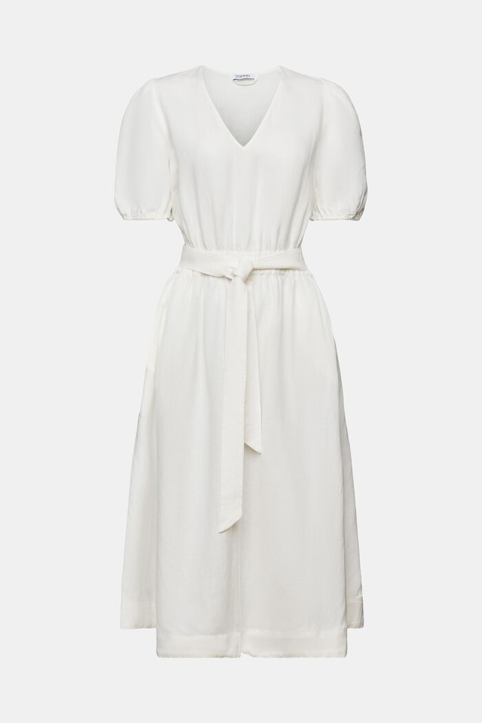 Sukienka midi z bufiastymi rękawami i paskiem, OFF WHITE, detail image number 6