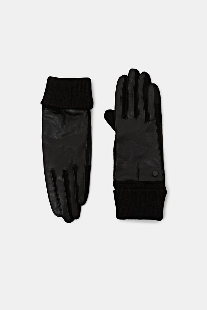 Rękawiczki z dzianiny z mieszanki wełnianej i skóry, BLACK, detail image number 0
