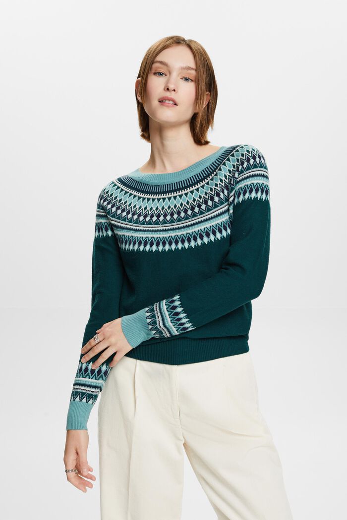 Żakardowy sweter z bawełny, EMERALD GREEN, detail image number 1