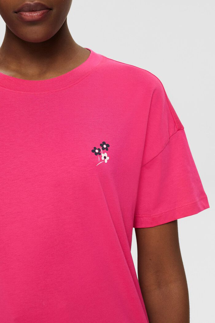 T-shirt z kwiatowym nadrukiem na piersi, PINK FUCHSIA, detail image number 2