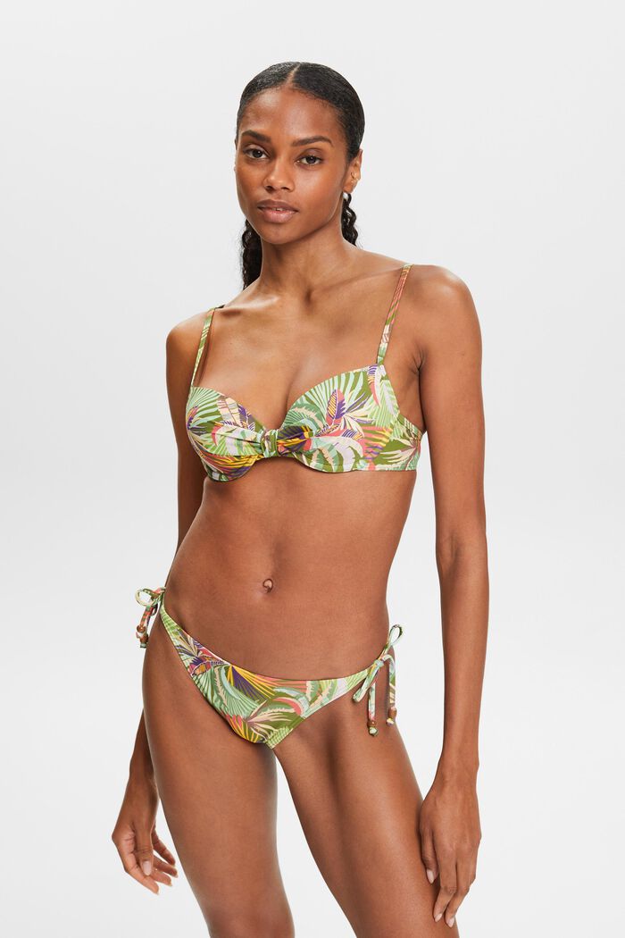 Wyściełany top bikini z fiszbinami i nadrukiem, DARK GREEN, detail image number 0
