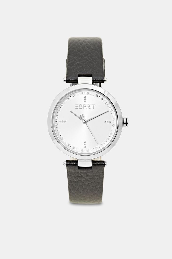 Zegarek ze skórzanym paskiem i cyrkoniami, BLACK, detail image number 0