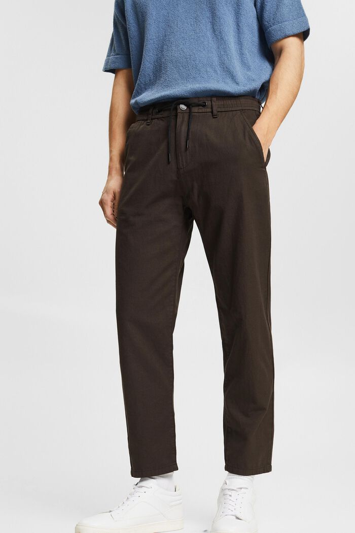 Z lnem: spodnie chino ze ściąganym sznurkiem, DARK BROWN, detail image number 0