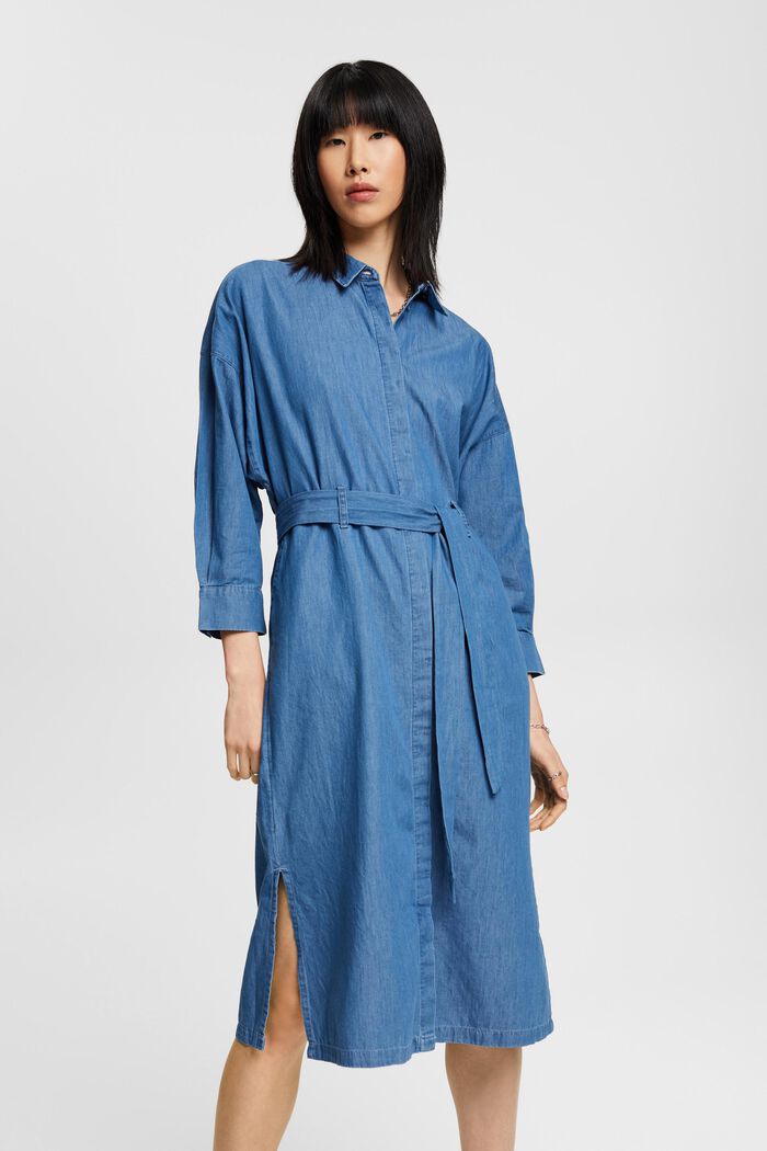 Bawełniana, denimowa sukienka midi z wiązanym paskiem, BLUE MEDIUM WASHED, detail image number 0