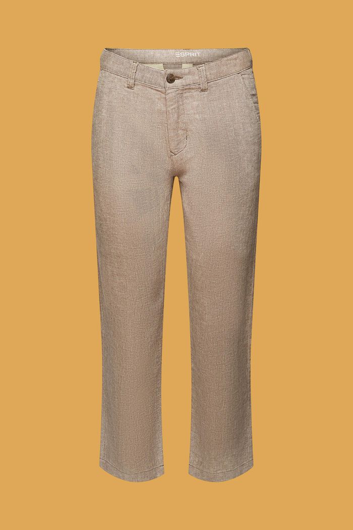 Spodnie w jodełkę z mieszanki bawełny i lnu, DARK BROWN, detail image number 7