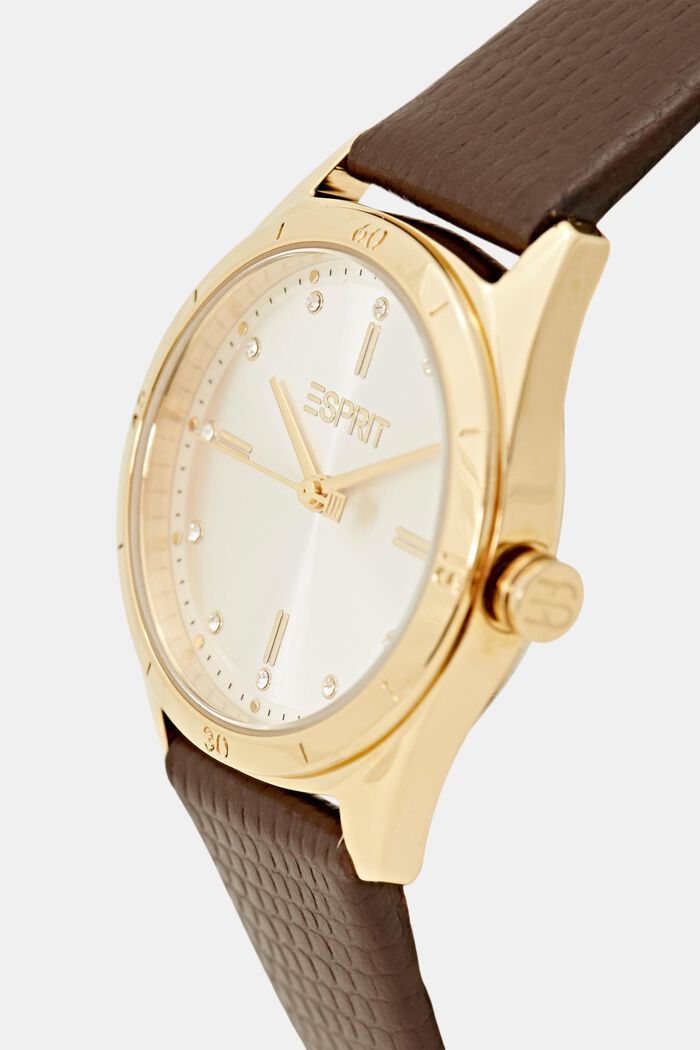 Zegarek ze stali szlachetnej z fakturalnym skórzanym paskiem, BROWN, detail image number 1