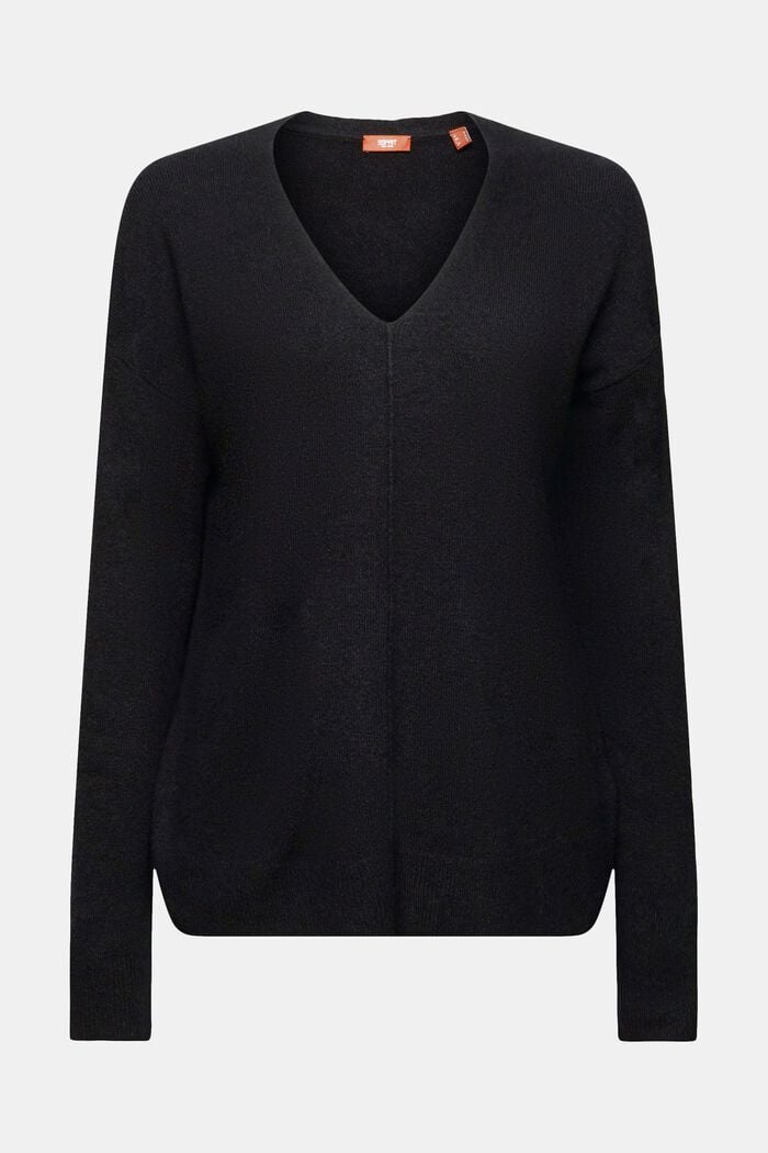 Sweter z dekoltem w serek z mieszanki wełnianej, BLACK, detail image number 6
