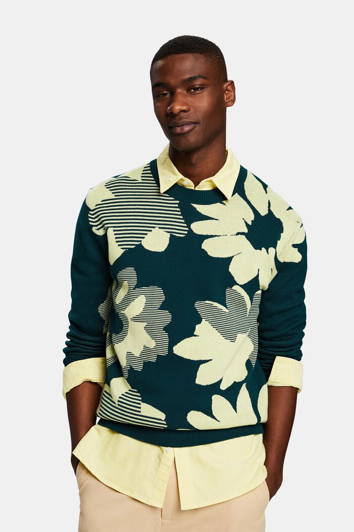 Żakardowy sweter z bawełny, DARK TEAL GREEN, detail image number 0