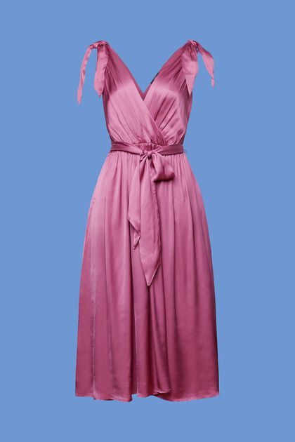 Satynowa sukienka midi z wiązaniami na ramionach
