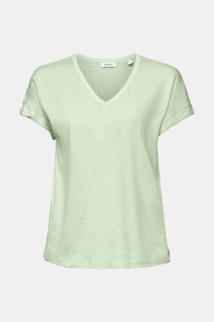 T-shirt z dekoltem w serek z bawełny i lnu, LIGHT GREEN, detail image number 5