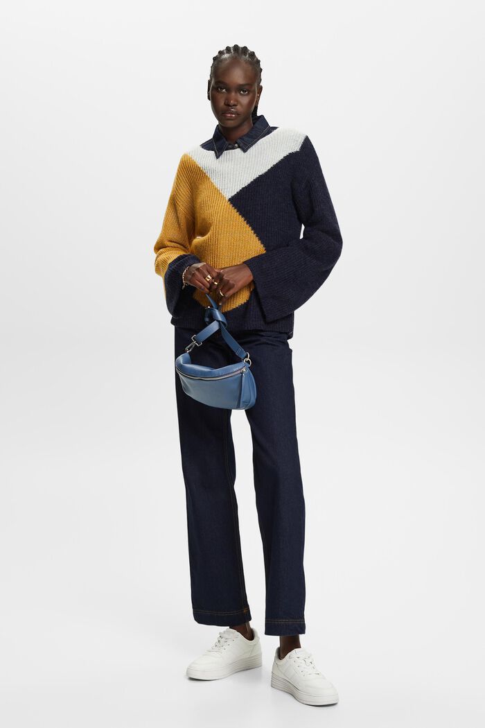 Sweter w bloki kolorów, mieszanka z wełną, BRASS YELLOW, detail image number 1