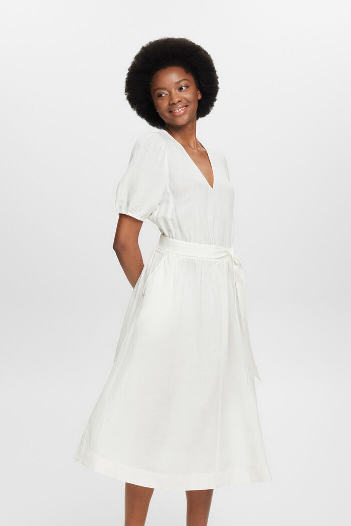 Sukienka midi z bufiastymi rękawami i paskiem, OFF WHITE, detail image number 0