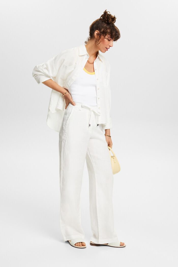 Lniane spodnie z szerokimi nogawkami i paskiem, OFF WHITE, detail image number 1