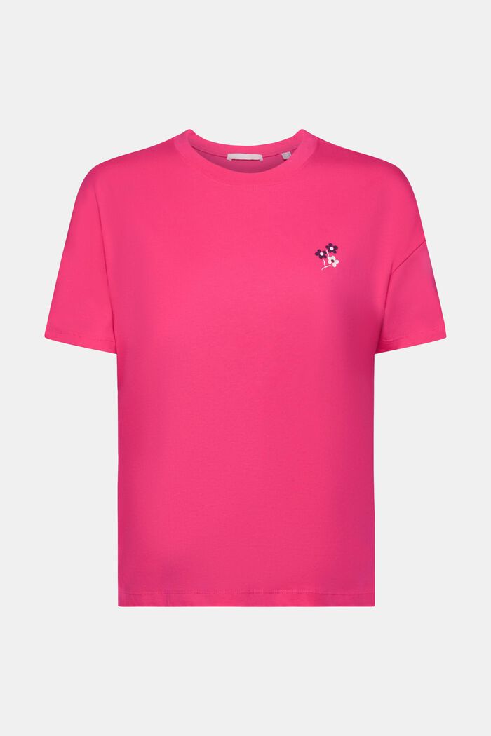 T-shirt z kwiatowym nadrukiem na piersi, PINK FUCHSIA, detail image number 5