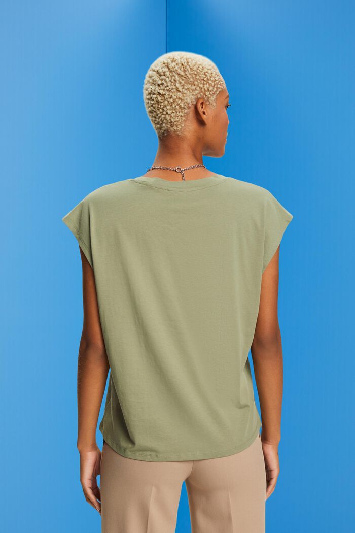 Bawełniany T-shirt z dekoltem w serek bez rękawów, LIGHT KHAKI, detail image number 3