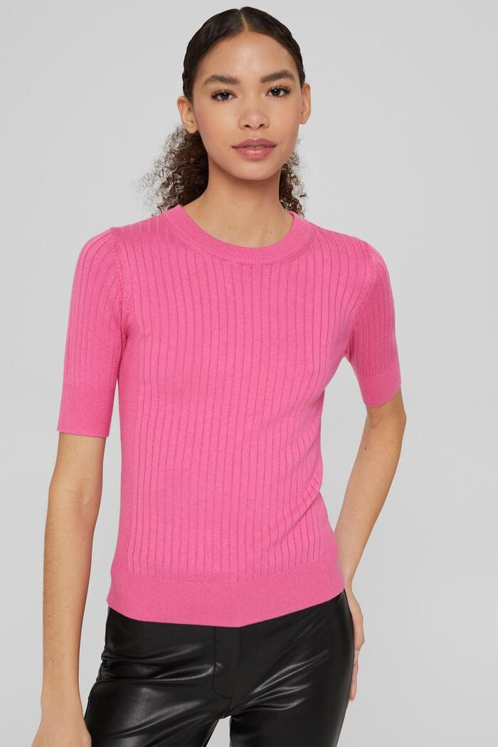 Prążkowany sweter z krótkim rękawem, bawełna organiczna, PINK, detail image number 0