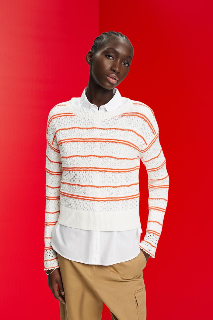 Sweter ze zrównoważonej bawełny z fakturą, OFF WHITE, detail image number 0