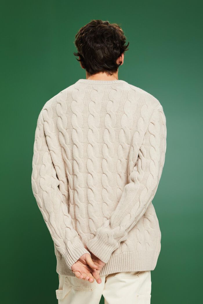 Wełniany sweter z dzianiny w warkocze, LIGHT TAUPE, detail image number 3