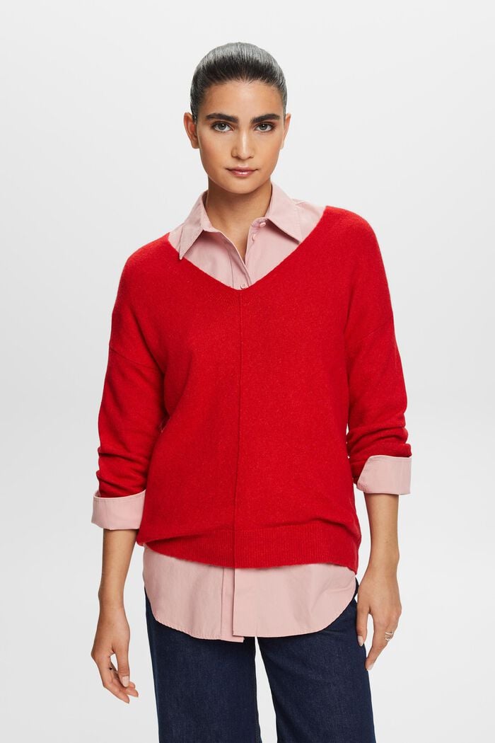 Sweter z dekoltem w serek z mieszanki wełnianej, DARK RED, detail image number 0