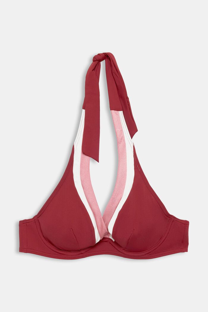 Trójkolorowa góra od bikini z fiszbinami i wiązaniem na szyi, DARK RED, detail image number 4