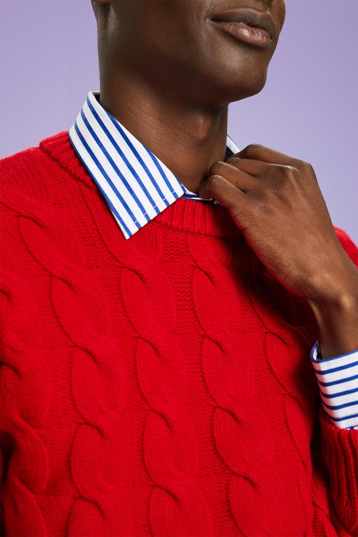 Wełniany sweter z dzianiny w warkocze, DARK RED, detail image number 3