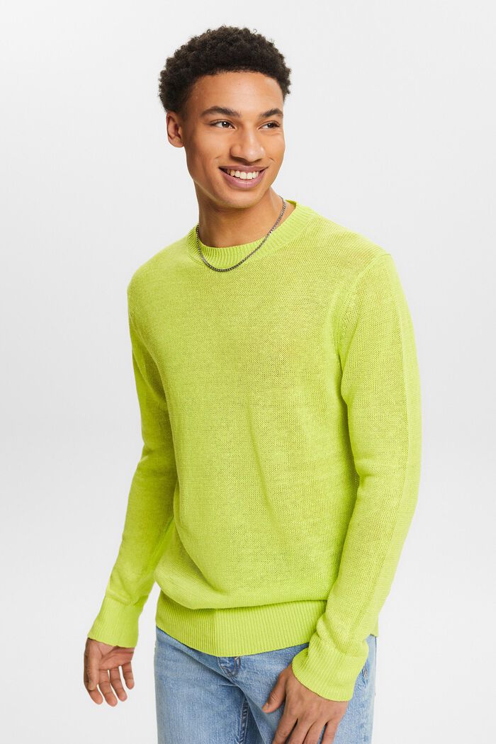 Lniany sweter z okrągłym dekoltem, LIME GREEN, detail image number 0