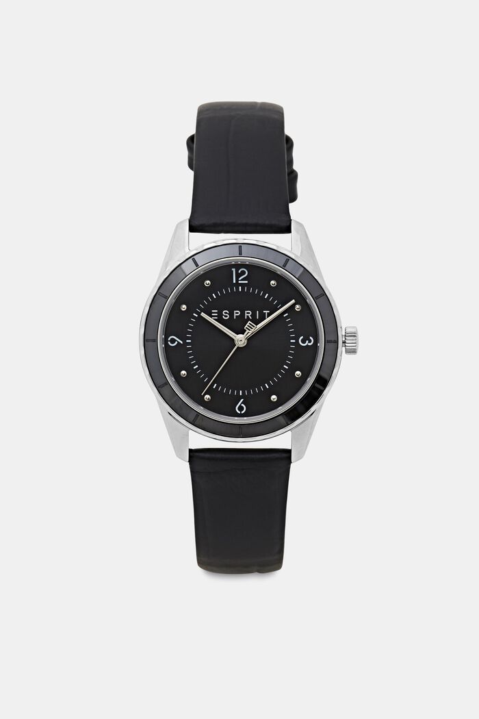 Zegarek ze stali nierdzewnej ze skórzanym paskiem, BLACK, detail image number 0
