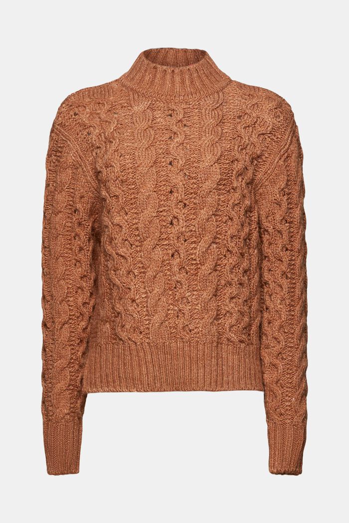 Sweter z mieszanki z wełną z warkoczowym wzorem, CARAMEL, detail image number 6