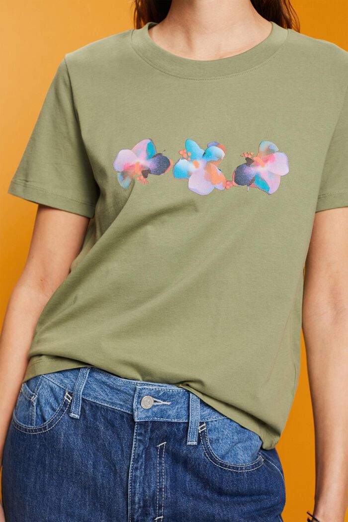 Bawełniany T-shirt z nadrukiem w kwiaty, LIGHT KHAKI, detail image number 2