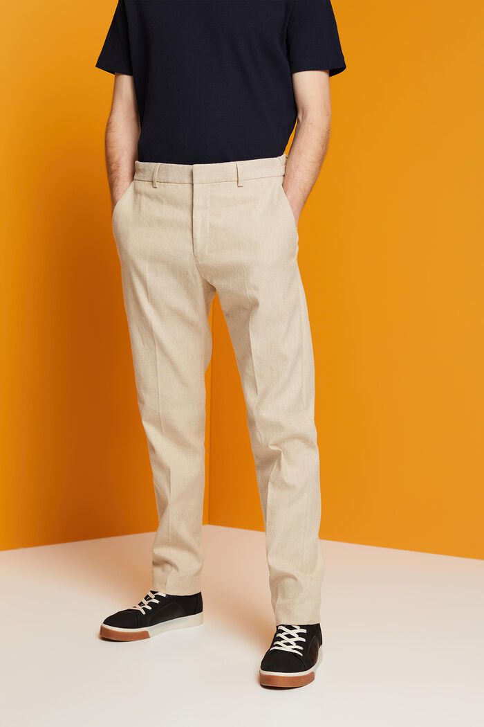 Spodnie o fasonie slim fit z mieszanki lnu i bawełny, KHAKI BEIGE, detail image number 0