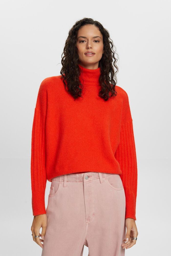 Sweter z półgolfem z wełną, BRIGHT ORANGE, detail image number 0