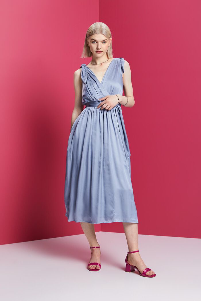 Satynowa sukienka midi z wiązaniami na ramionach, LIGHT BLUE LAVENDER, detail image number 0