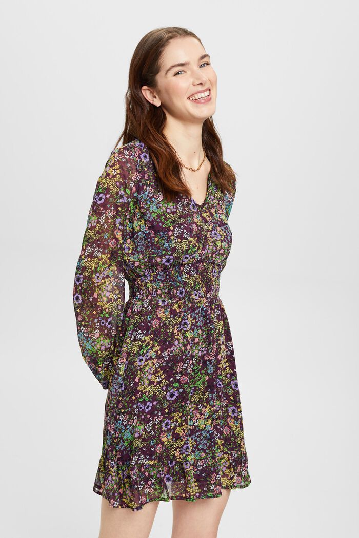 Sukienka mini z tkaniny z kwiatowym wzorem, DARK PURPLE, detail image number 0