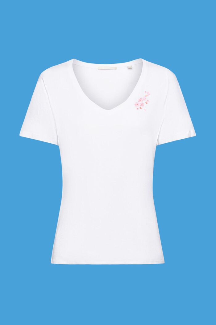 T-shirt z dekoltem w serek i kwiatowym haftem, WHITE, detail image number 5