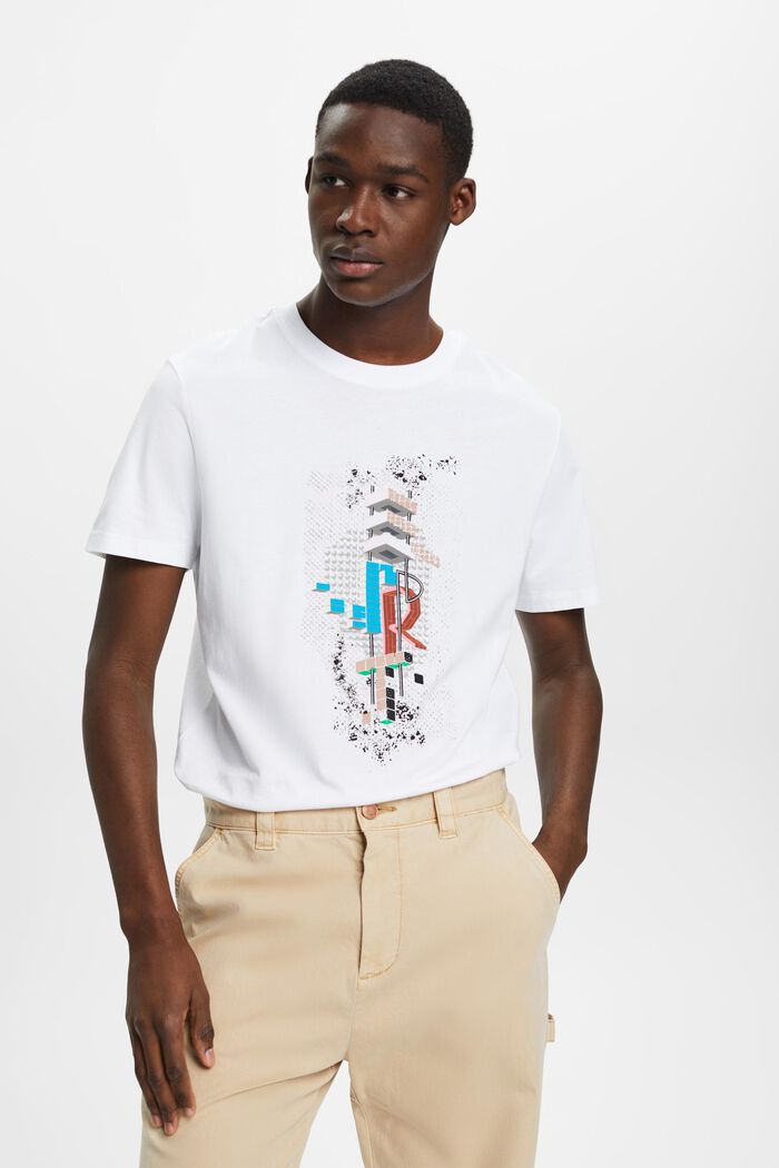 Bawełniany T-shirt z nadrukiem z przodu, fason slim fit, WHITE, detail image number 0