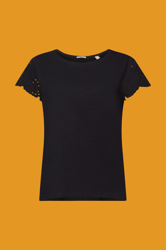 Bawełniany T-shirt z ażurowymi rękawami, BLACK, detail image number 7