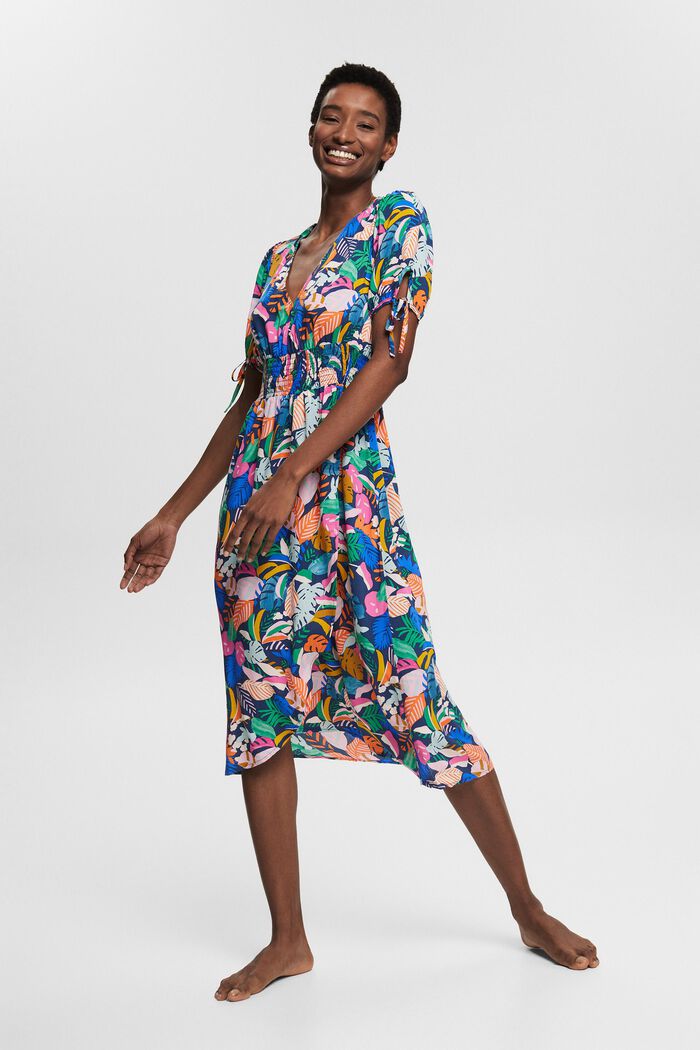 Kolorowa, wzorzysta sukienka, LENZING™ ECOVERO™, NAVY, detail image number 4