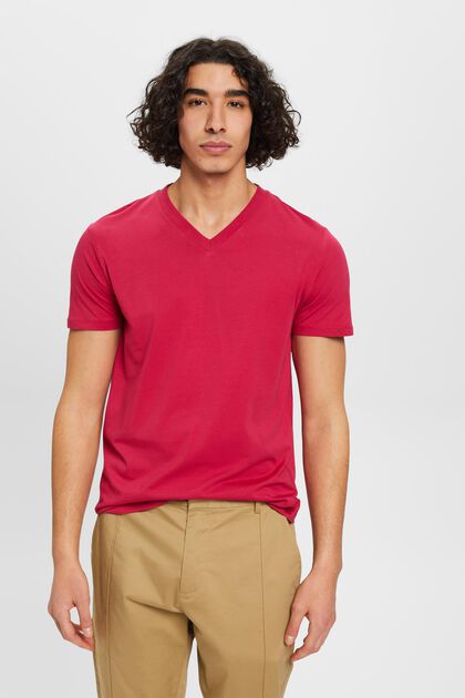 Bawełniany T-shirt z dekoltem w serek, slim fit, DARK PINK, overview