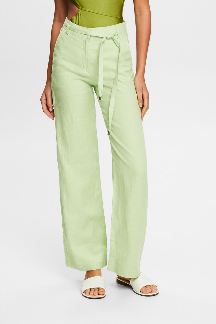 Lniane spodnie z szerokimi nogawkami i paskiem, LIGHT GREEN, detail image number 0