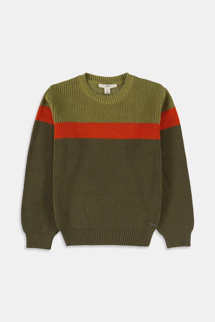 Sweter w kontrastowe paski z bawełny, OLIVE, overview