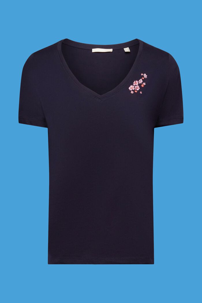 T-shirt z dekoltem w serek i kwiatowym haftem, NAVY, detail image number 5