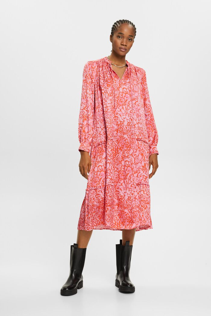 Wzorzysta, satynowa sukienka midi z falbankami, PINK, detail image number 4
