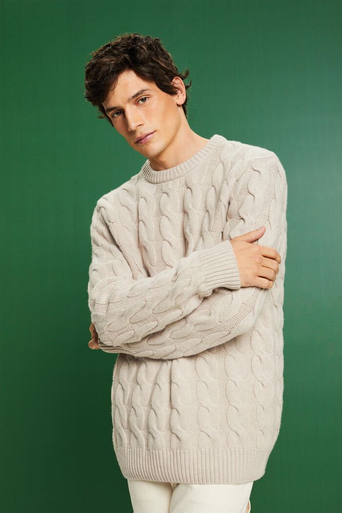 Wełniany sweter z dzianiny w warkocze, LIGHT TAUPE, detail image number 0