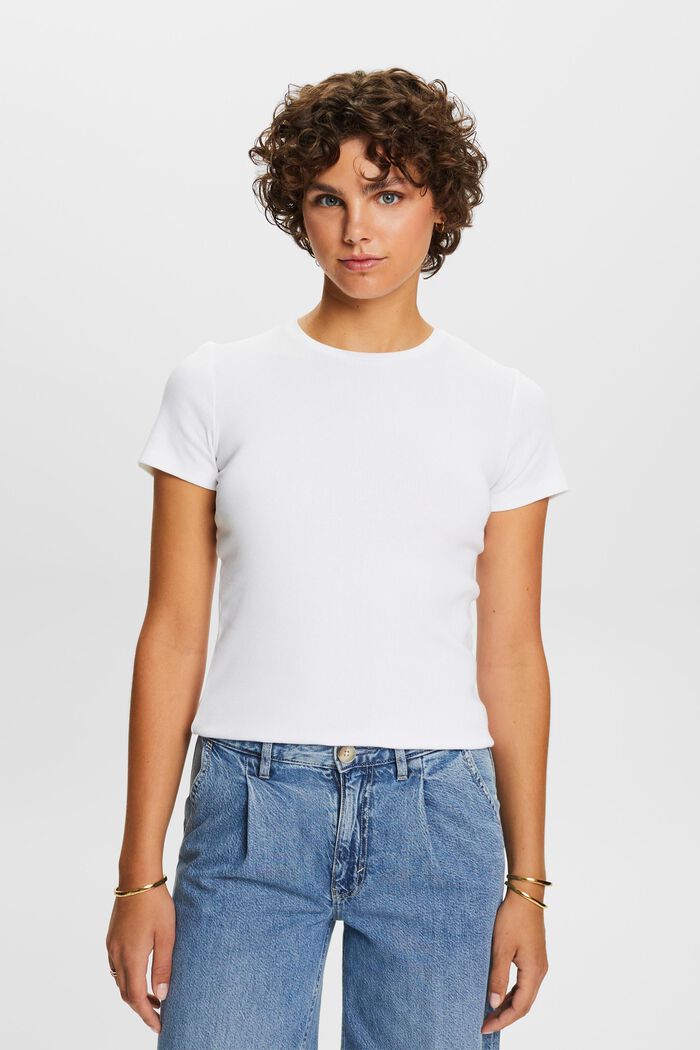 T-shirt z okrągłym dekoltem z dżerseju z bawełny, WHITE, detail image number 0