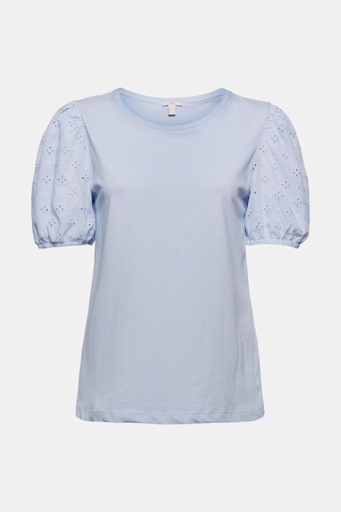 T-shirt z rękawami z tkaniny haftem i ażurowym haftem, LIGHT BLUE LAVENDER, detail image number 5