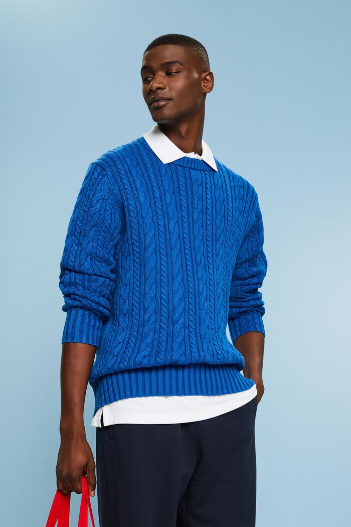 Sweter z bawełnianej dzianiny w warkocze, DARK BLUE, detail image number 0